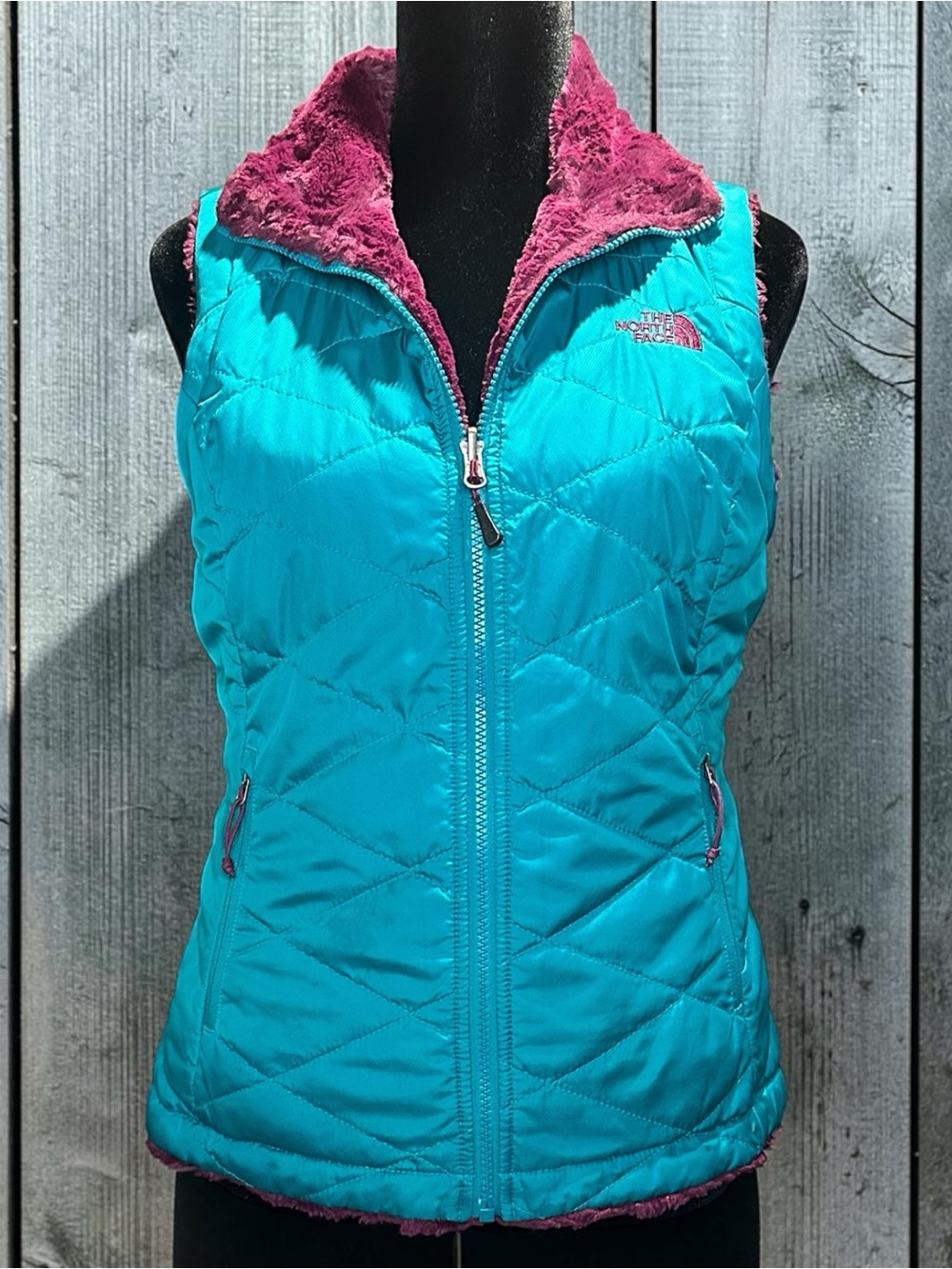 The North Face Mossbud Swirl Reversible Vest Women’s Small Teal Purple Fleece